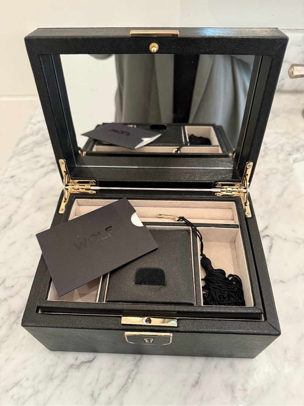 WOLF Palermo Small Jewelry Box Black Anthracite Leather w/Lock, Key & Dustbag
